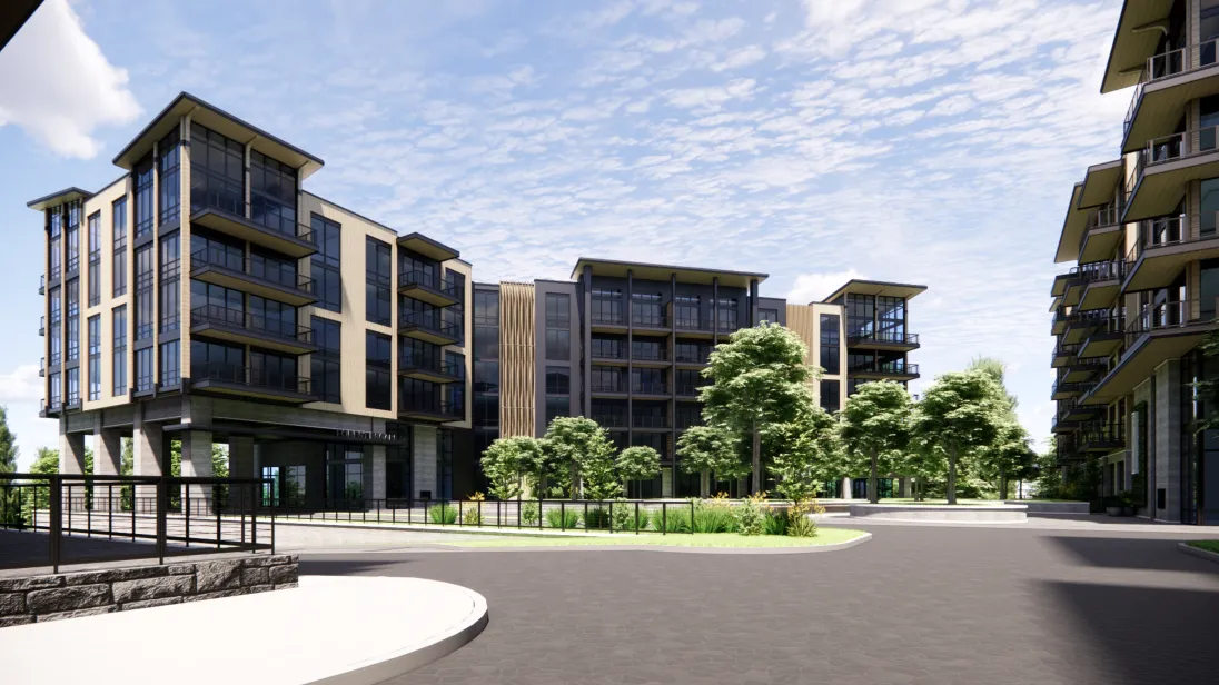 A modern apartment complex with multiple buildings featuring large windows and balconies, surrounded by neatly landscaped green trees. The sky is partly cloudy, creating a bright yet tranquil atmosphere.