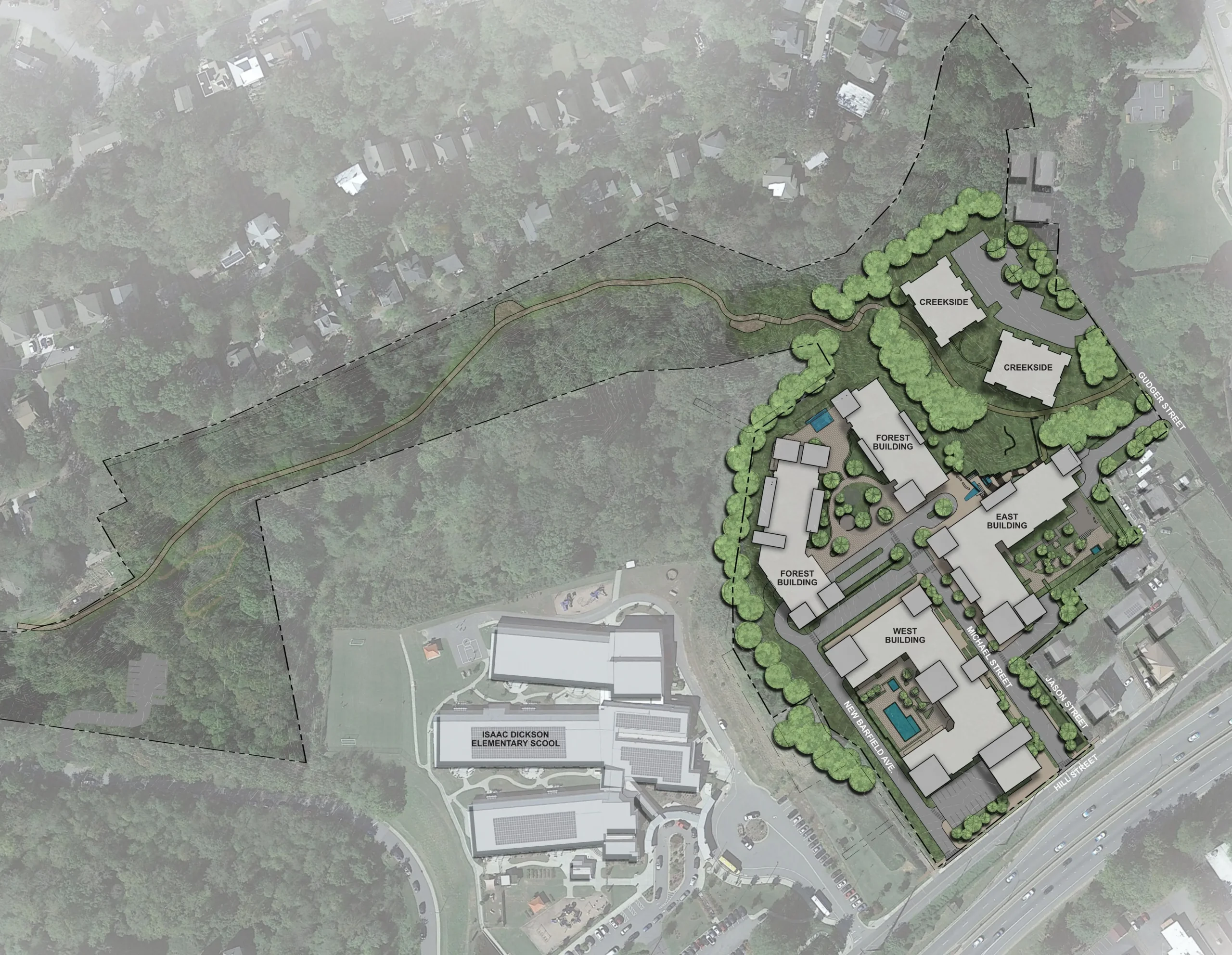 An aerial view of a development plan featuring residential buildings, green spaces, and a pathway. The layout includes labeled streets and areas, and is surrounded by a wooded landscape with nearby existing structures.