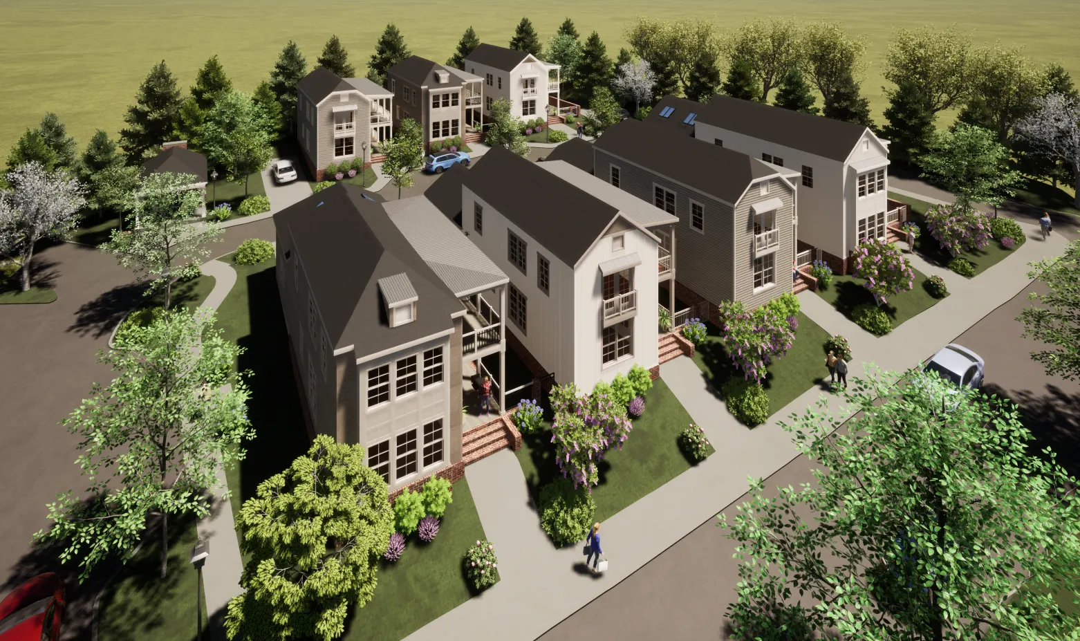 Aerial view of a small residential neighborhood with several modern houses surrounded by lush green trees and landscaped gardens. People are walking on the sidewalks, and cars are parked in driveways. The area has a serene and suburban feel.