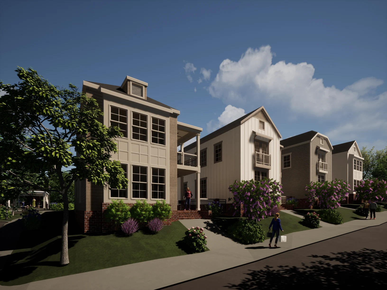 A row of modern two-story houses with large windows and sloped roofs on a sunny day. A person walks on the sidewalk, and another stands on a porch. Surrounding the houses are neatly maintained gardens with bushes and trees under a blue sky.