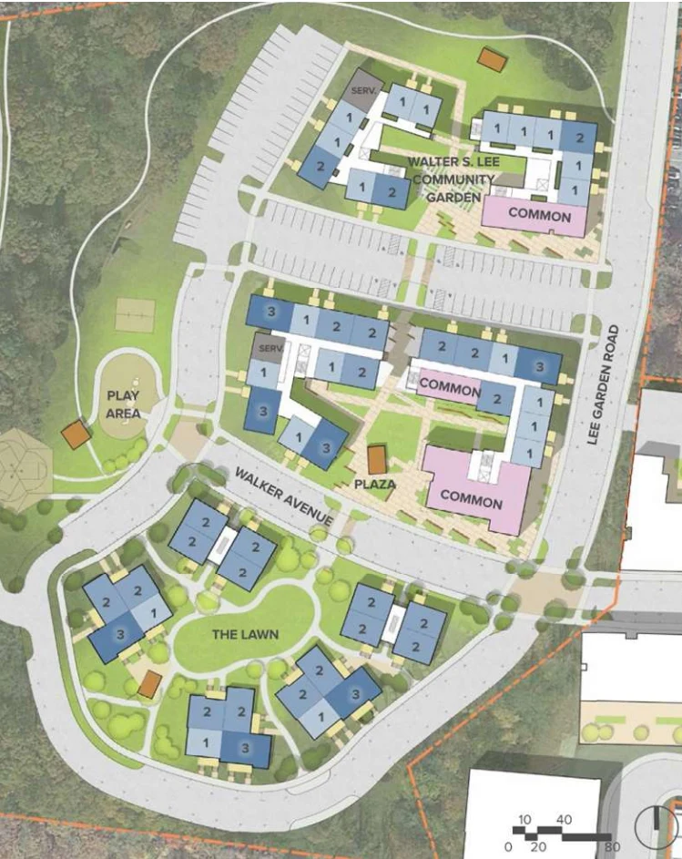 A detailed site plan shows a complex with multiple buildings, labeled paths, parking areas, a play area, community garden, and a plaza. Each building is numbered. Roads and landscaped areas surround the site.