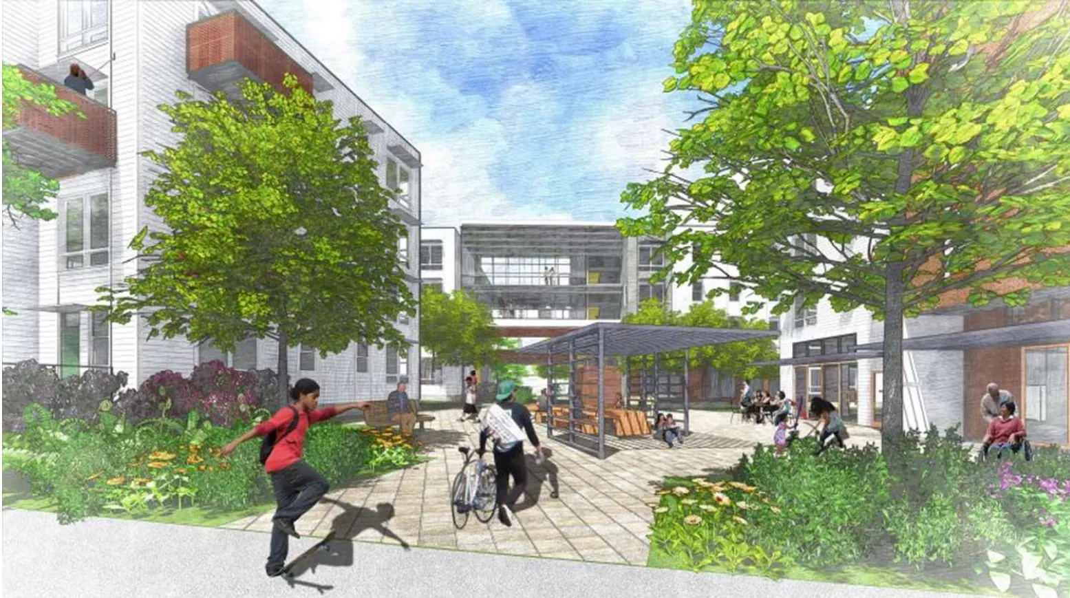 Illustration of a lively courtyard with people engaging in activities. A skateboarder in the foreground, a person with a bicycle, and several groups sitting on benches. Surrounding buildings and abundant greenery create a vibrant community space.