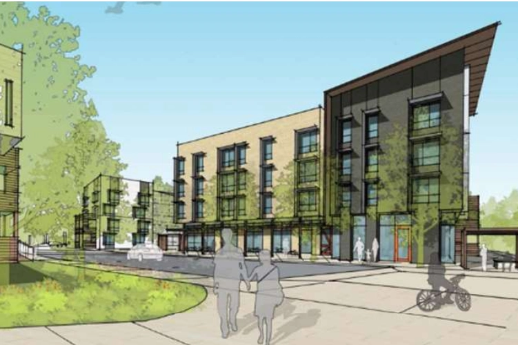 Architectural illustration of a modern building with three stories, featuring large windows and a mix of beige and dark gray exteriors. People and a cyclist are drawn transparently in the foreground on a paved area with trees around.