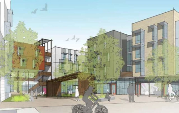 Illustration of a modern urban area with multi-story buildings, large windows, and trees. People are walking and biking, and birds are flying in the sky. The scene suggests a lively, sustainable community space.